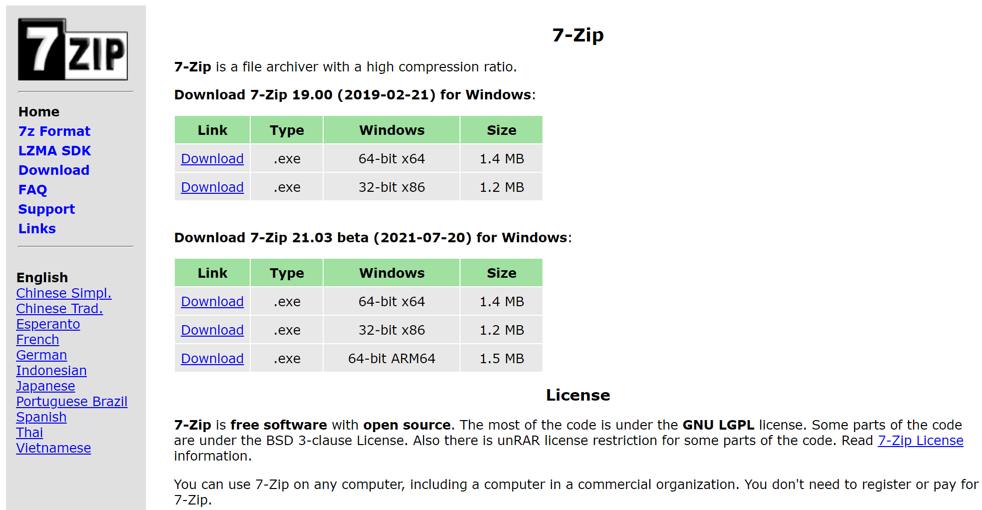 Oficialus 7-Zip atsisiuntimo puslapis