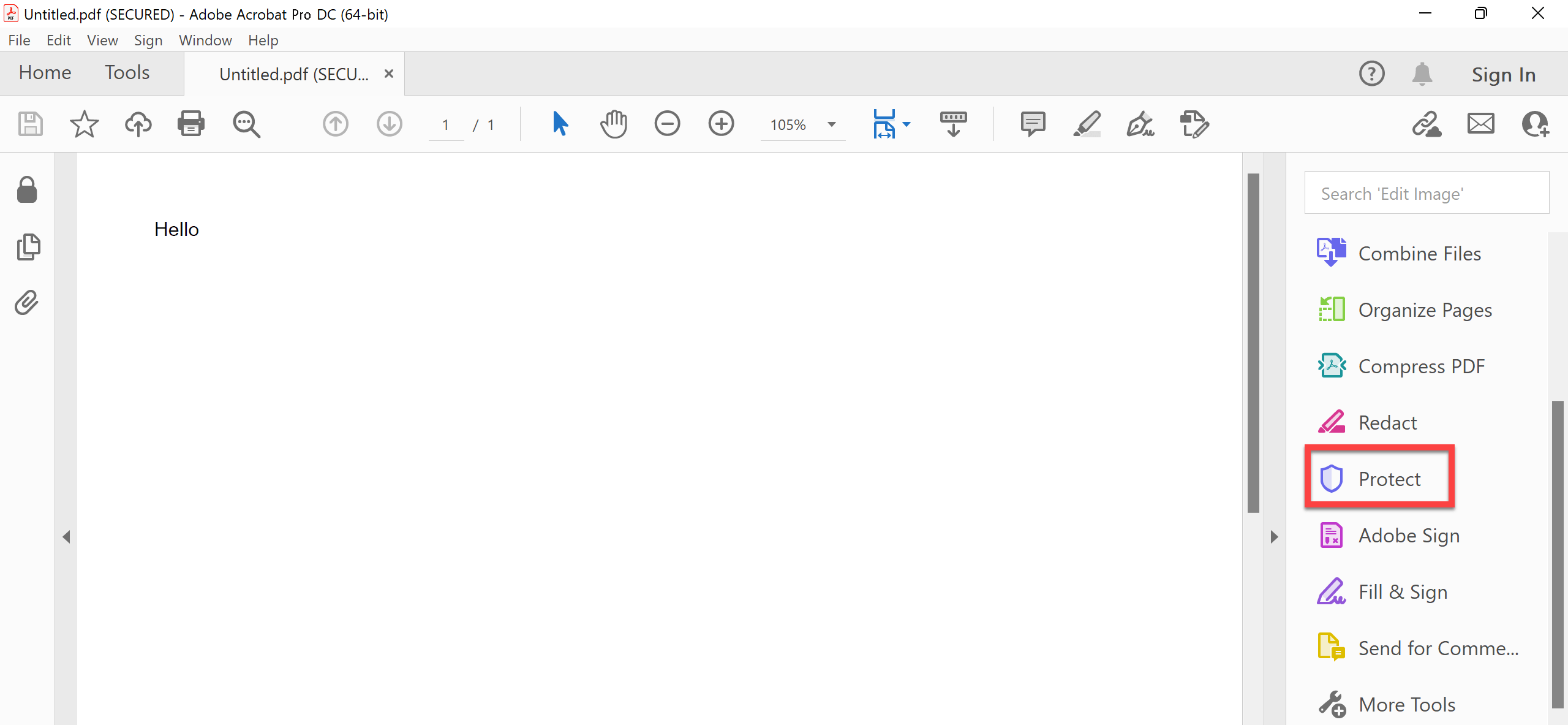 Klicka på Skydda i Adobe Acrobat Pro DC