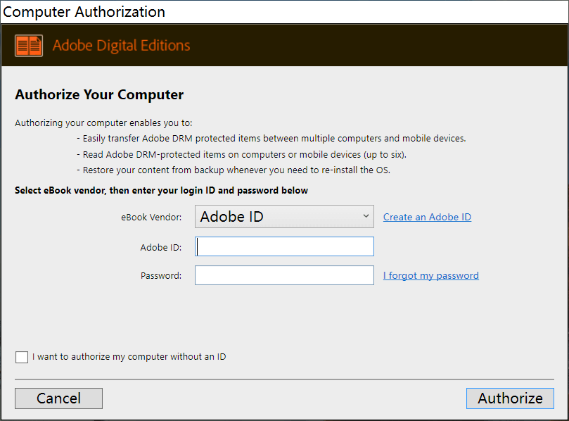 Authorize Your Computer in Adobe Digital Editions