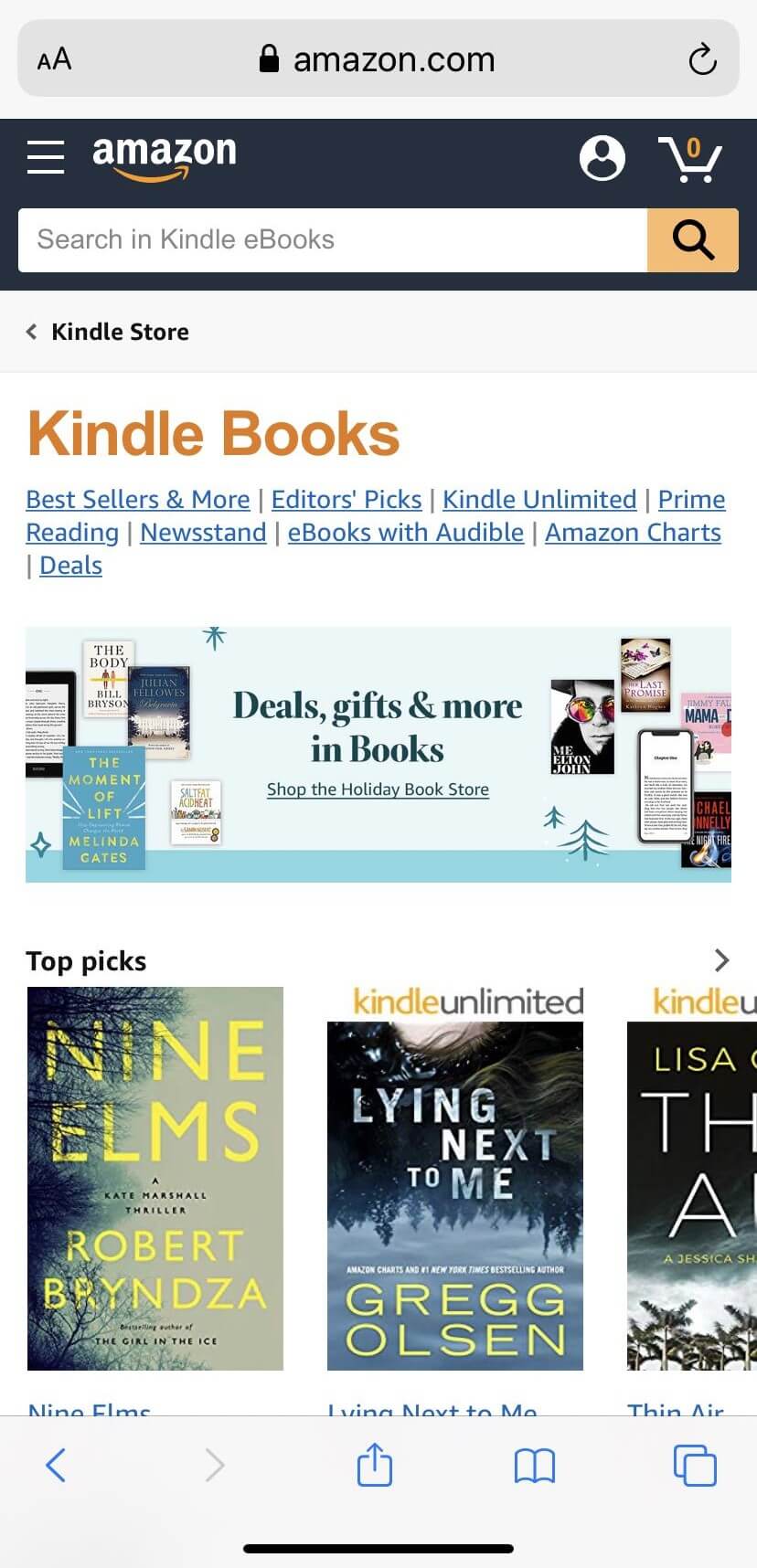 Vizitu la Kindle-eBooks-Paĝon de Amazon sur iPhone