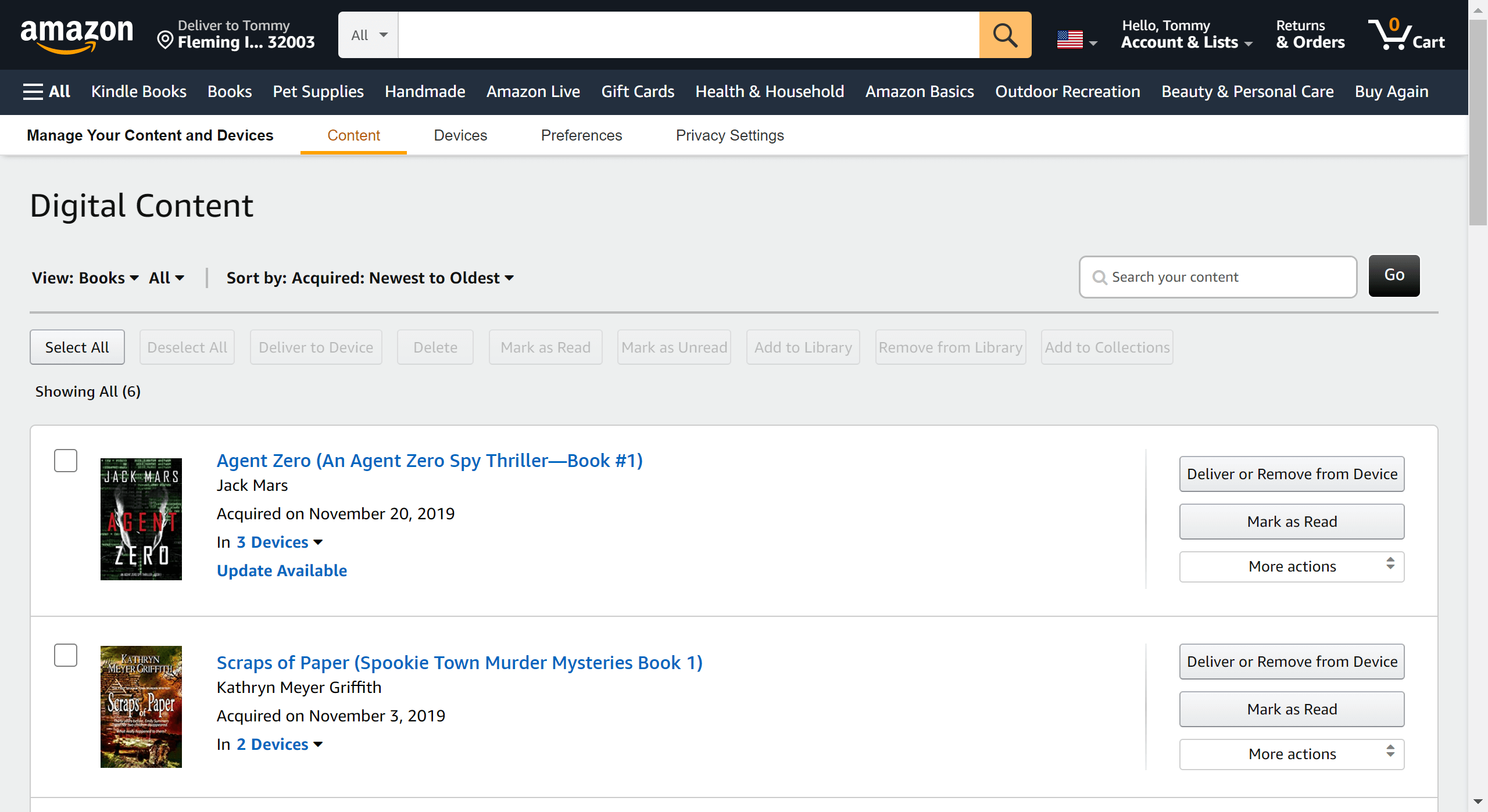 Amazon's Manage Your Content Website Page