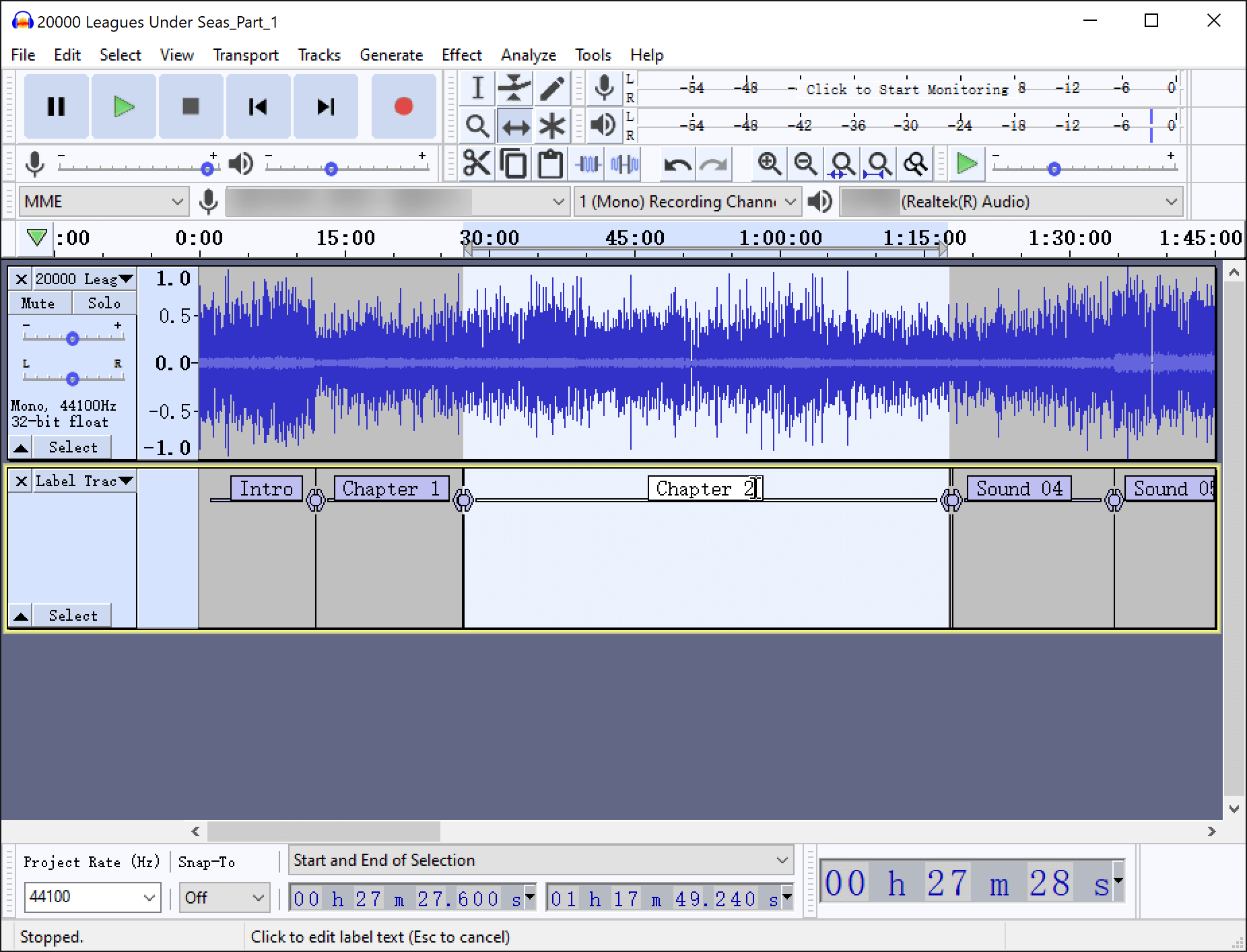 Edit Label Track for Audiobook Chapters with Audacity