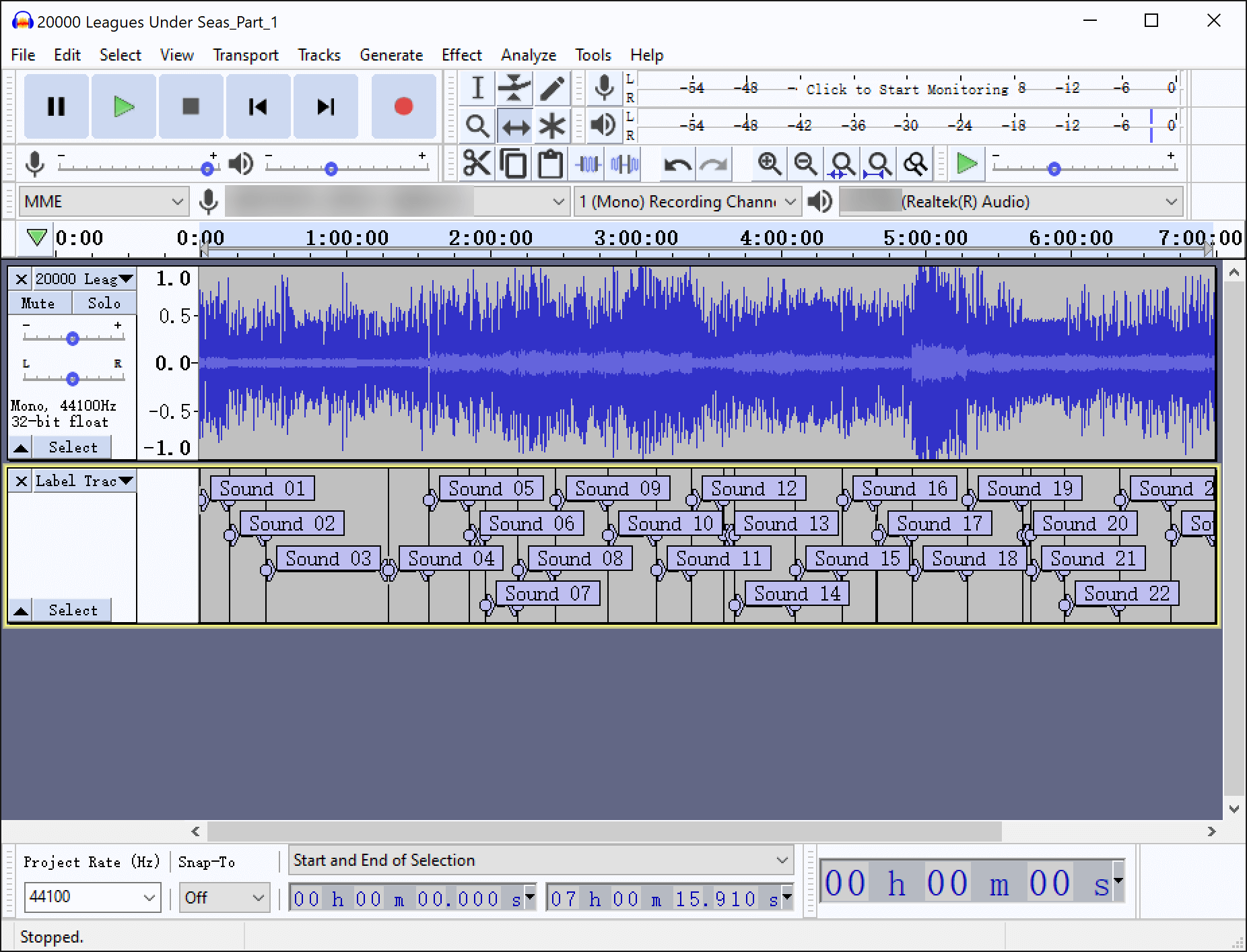 Audacity 上的标签曲目已创建