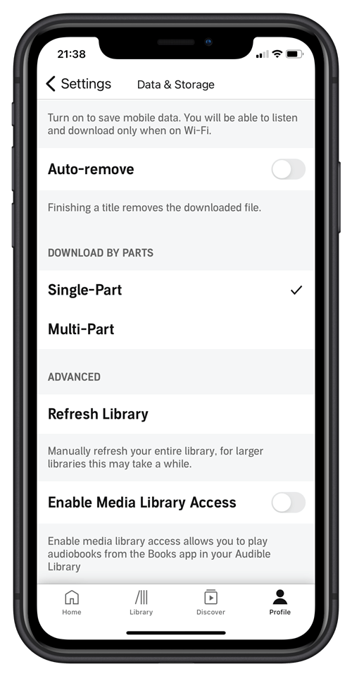 在 Audible iPhone 应用程序上打开“下载多个部分”