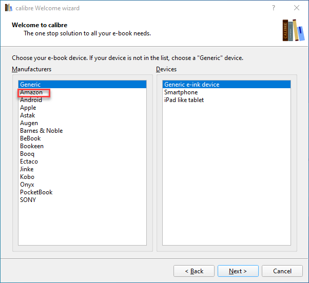 Calibre click amazon selection for kindle devices