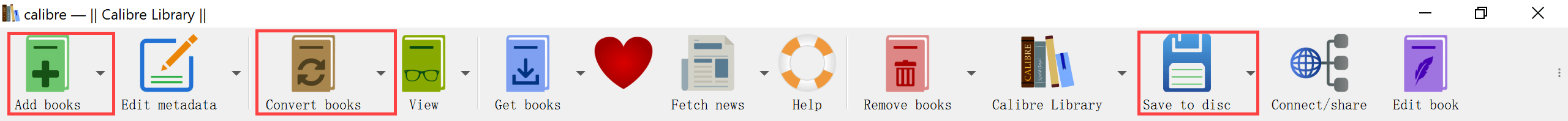 3 main focus of calibre conversion: add books convert books save to disk