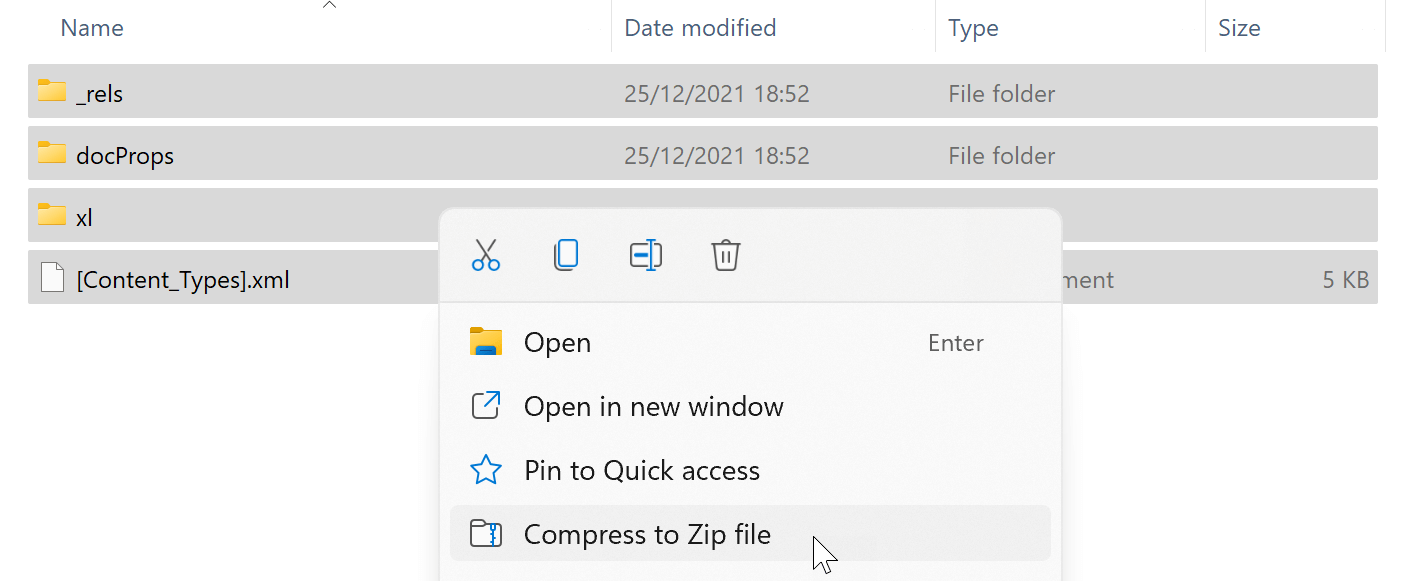 Compress the Modified XLSM Folders and Files to a ZIP File