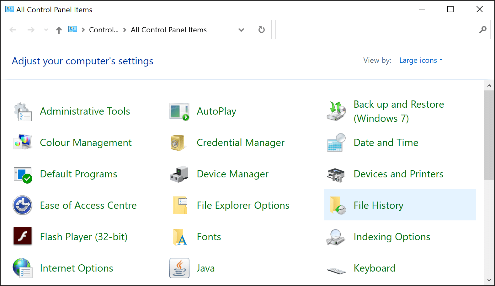 open control panel to find file history