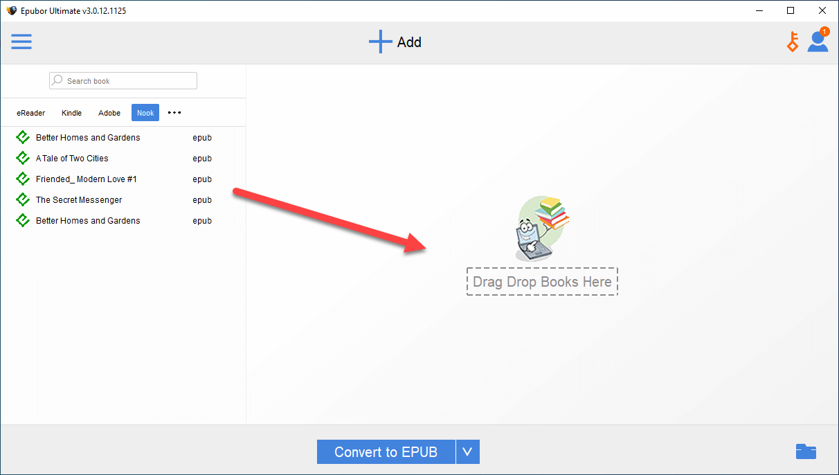 drag the ebooks into the box to convert nook ebooks