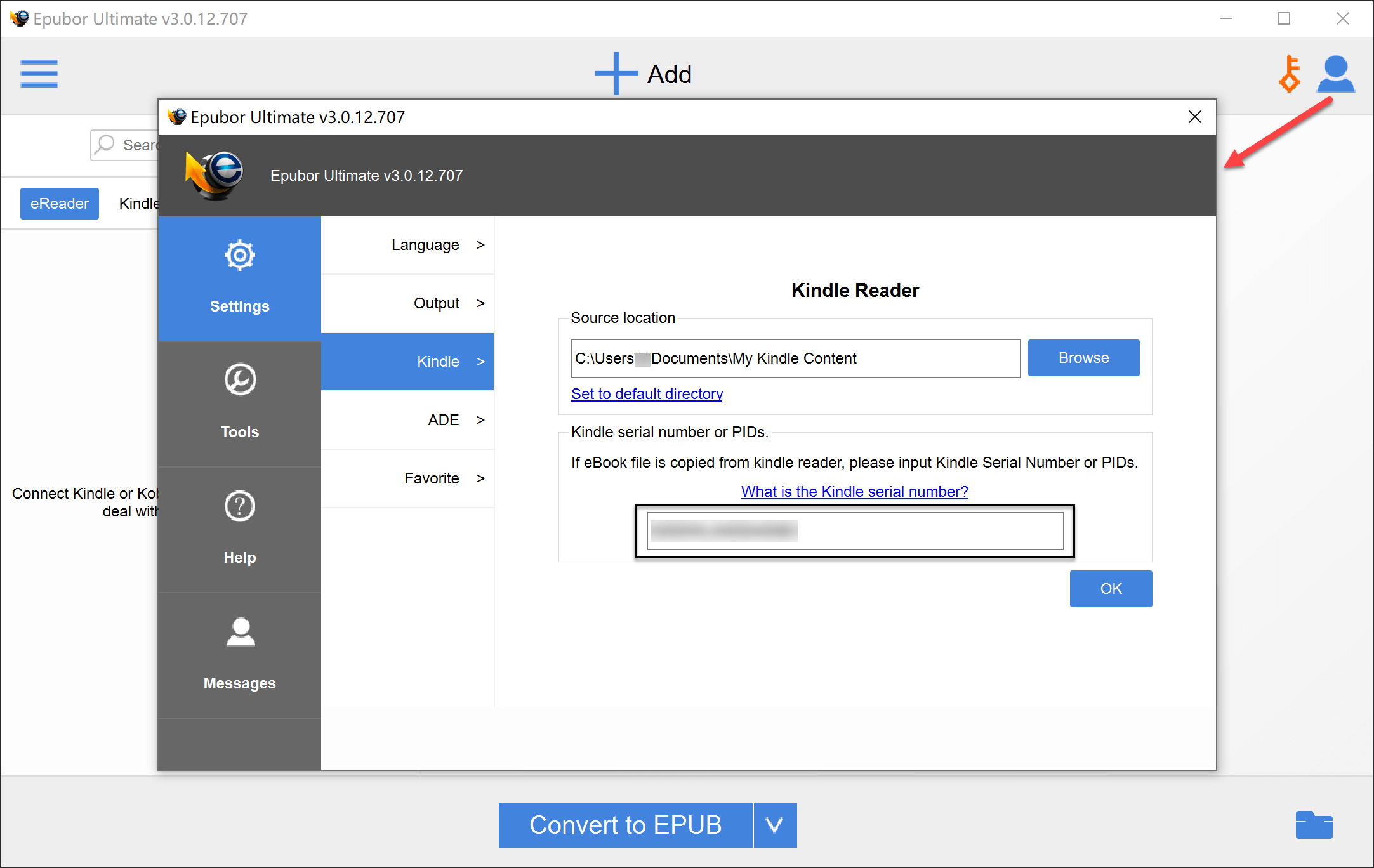 Input Kindle Serial Number in Epubor Ultimate