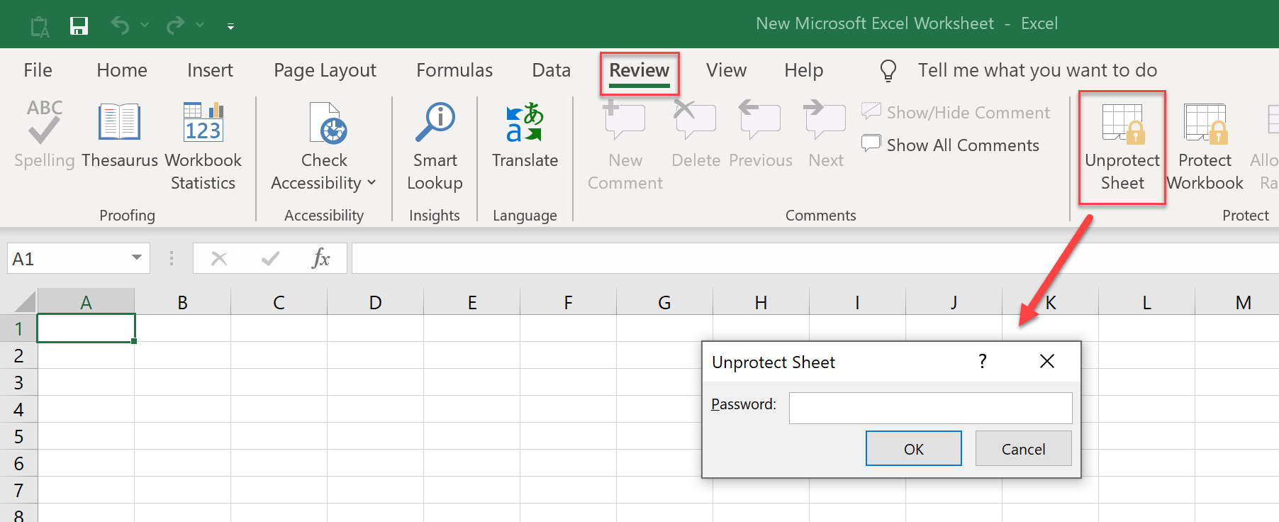 Deprotejați foaia Excel introducând parola de editare