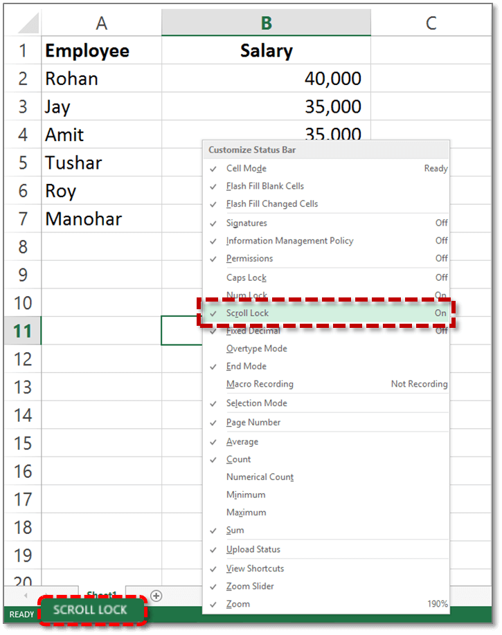 Excel Status Bar Gulung Pilihan Konci