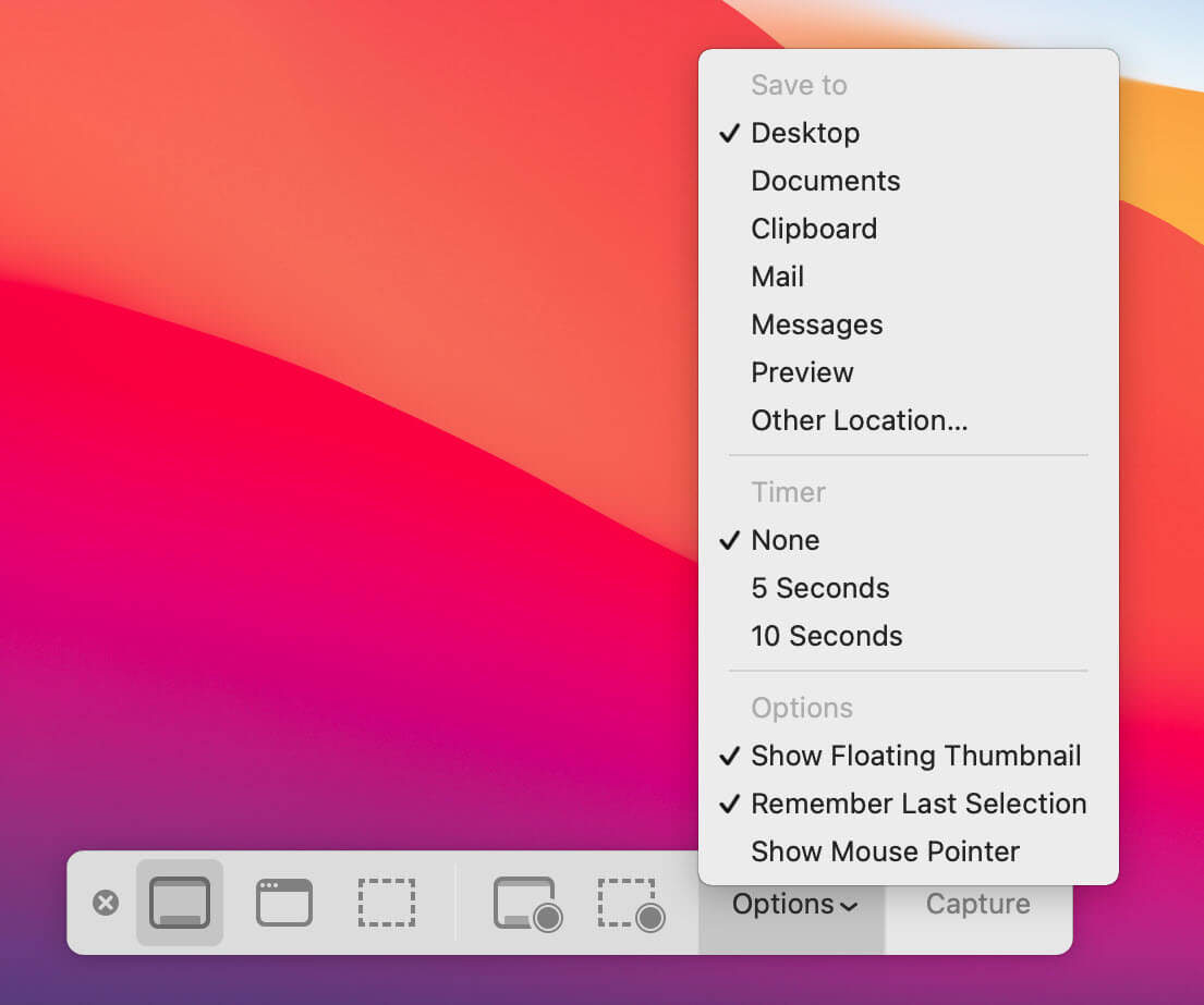Anpassa alternativ på Macs skärmdump-app