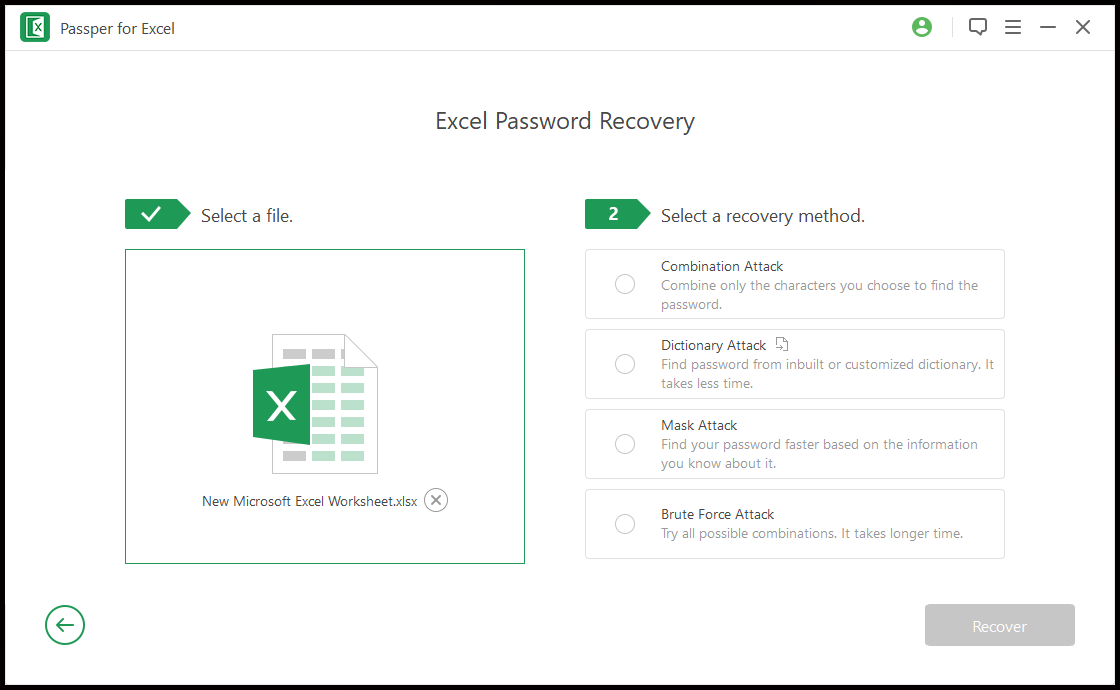 Selectați un mod de atac pentru a elimina parola de deschidere Excel
