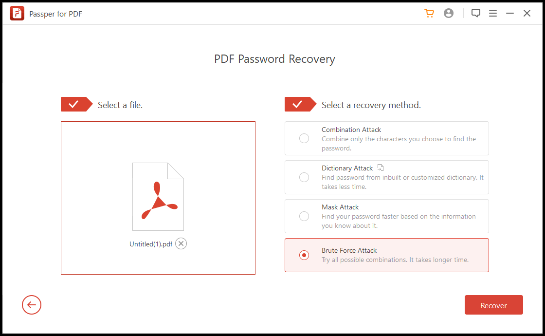 Выберите метод взлома пароля PDF с помощью Passper for PDF