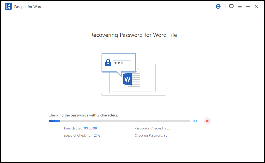 Passper for Word running the password recovery process