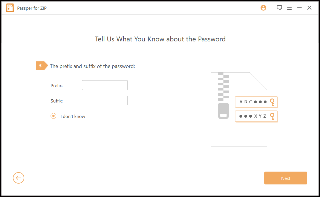 ZIP पासवर्डको उपसर्ग र प्रत्यय इनपुट गर्नुहोस्