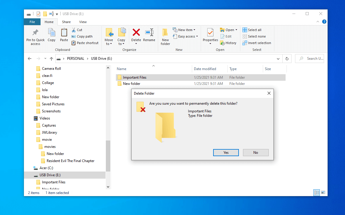 deleting crucial data files inside USB drive