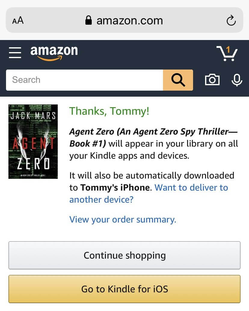 Sukcese Aĉetis Kindle-eBook en iPhone