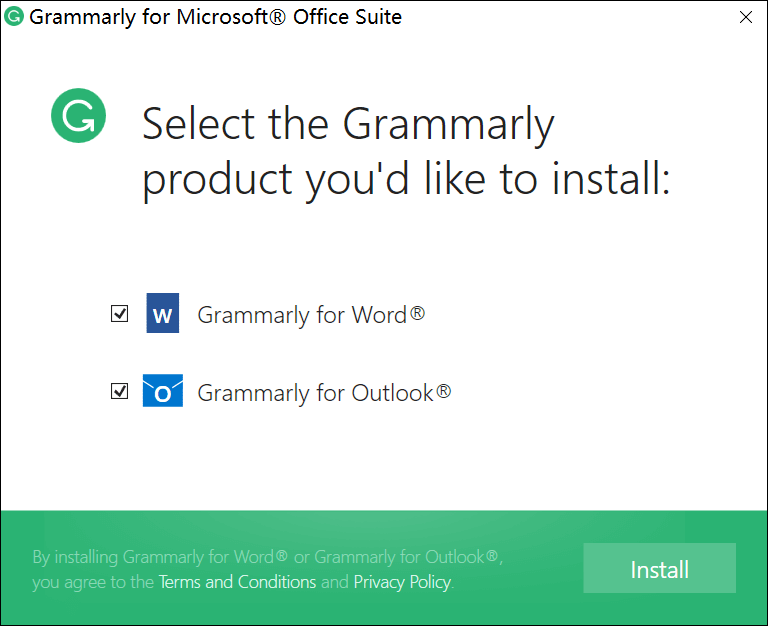 Select Grammarly for Word and Outlook to Install