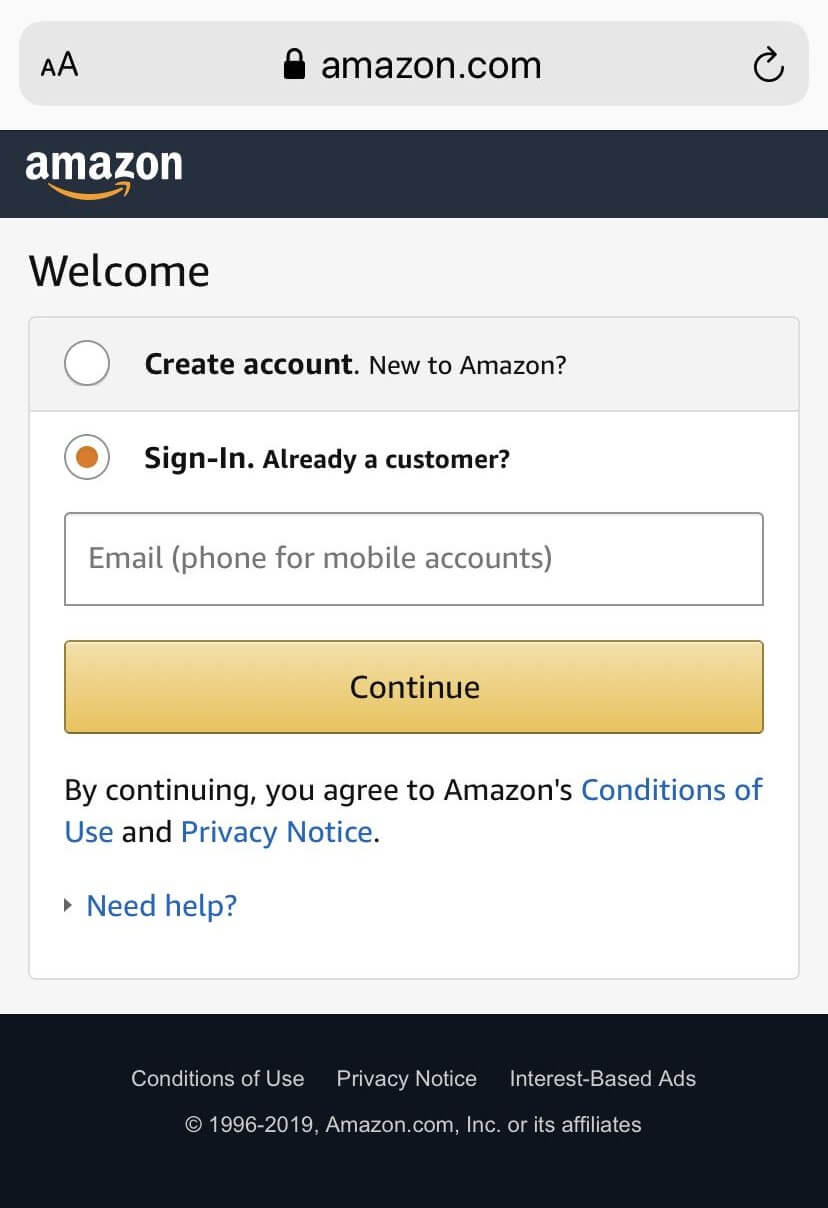 Sign in to the Amazon Account on iPhone