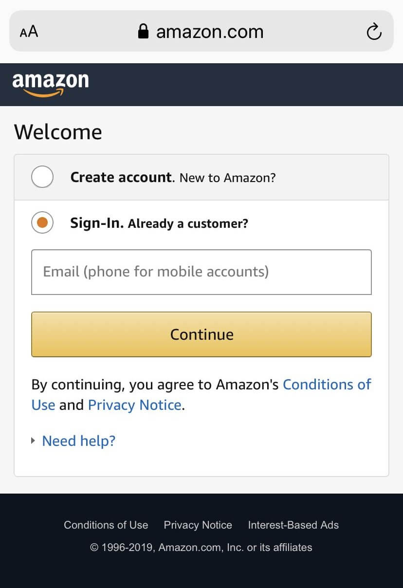Ensalutu al la Amazon-Konto en iPhone