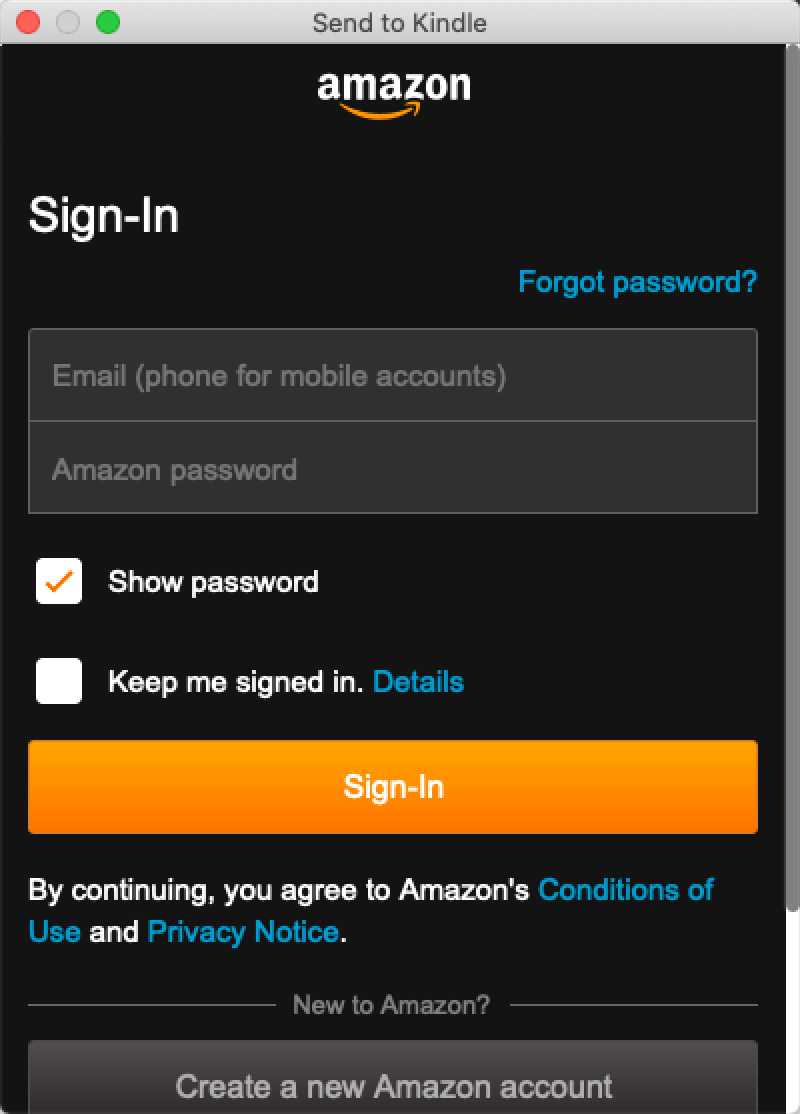 log in to send to kindle for mac