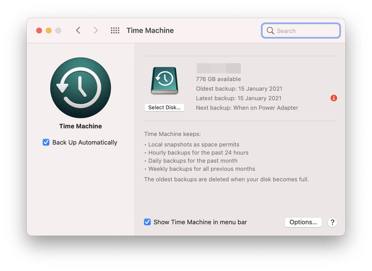 Ο πίνακας προτιμήσεων του Mac Time Machine