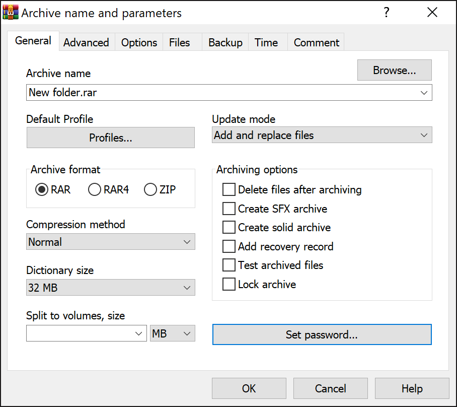 WinRAR Archive Name and Parameters