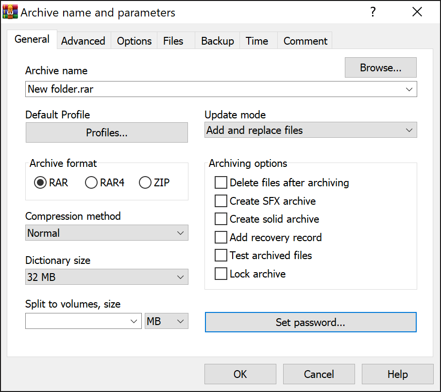 WinRAR archyvo pavadinimas ir parametrai