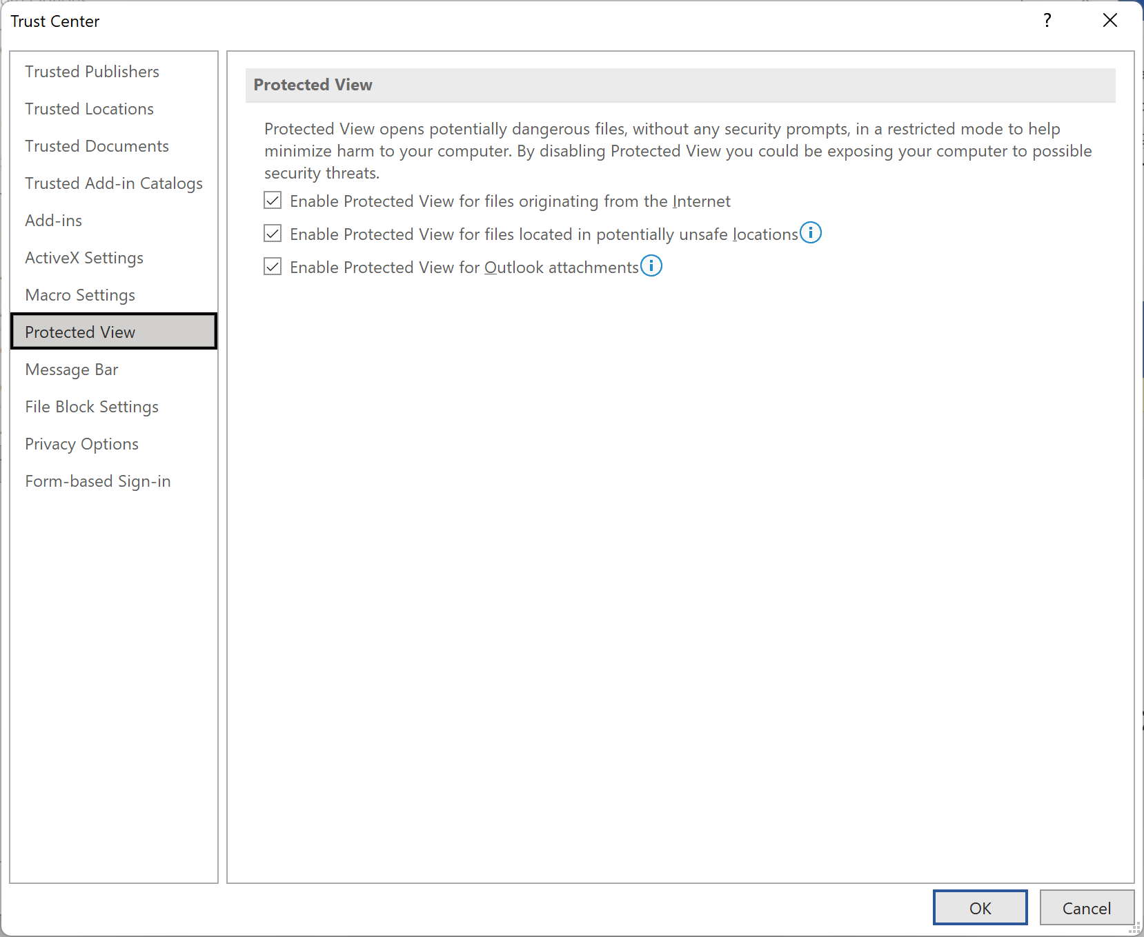 Uncheck Protected View Options in Word Trust Center